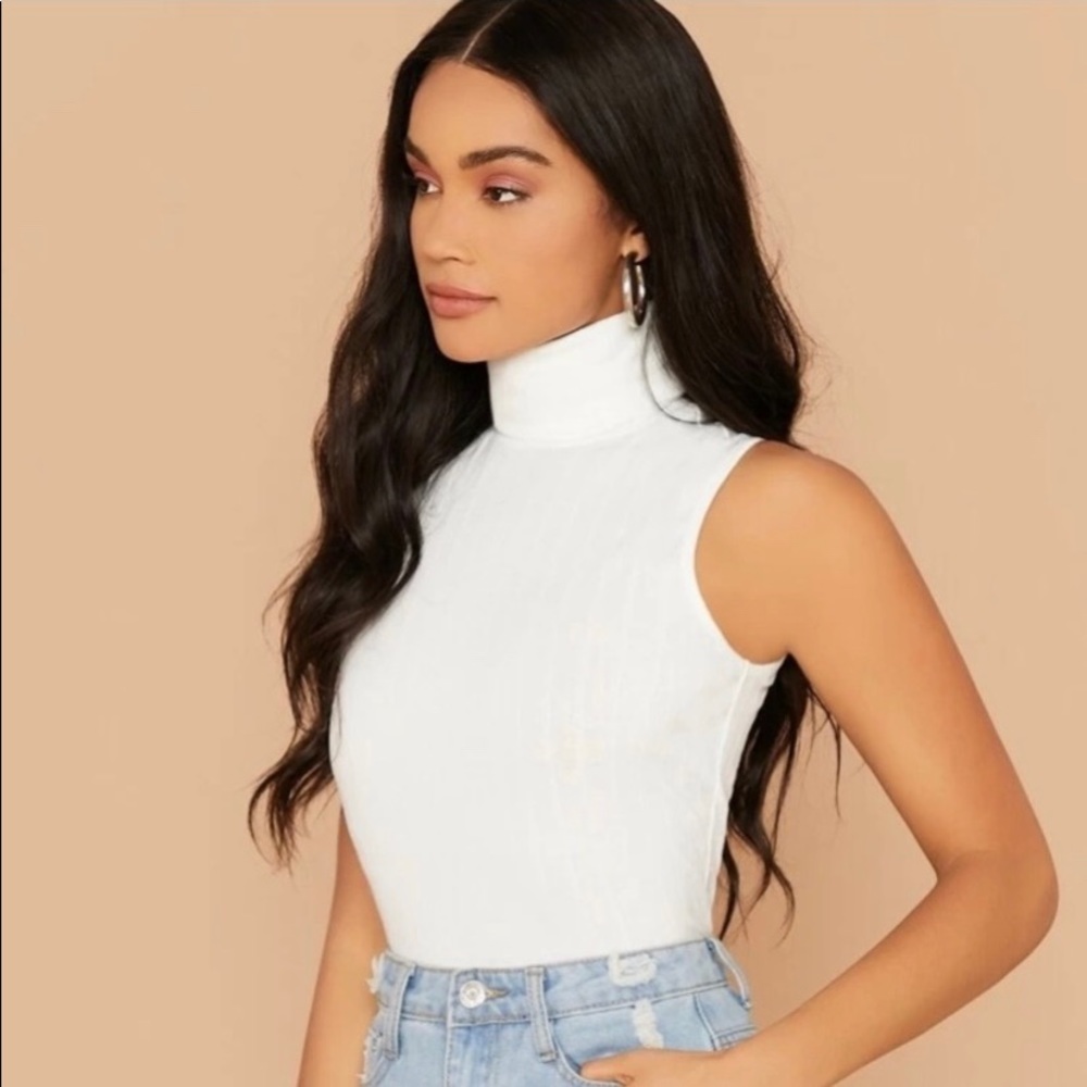 White High Neck Rib- Knit Tank Top